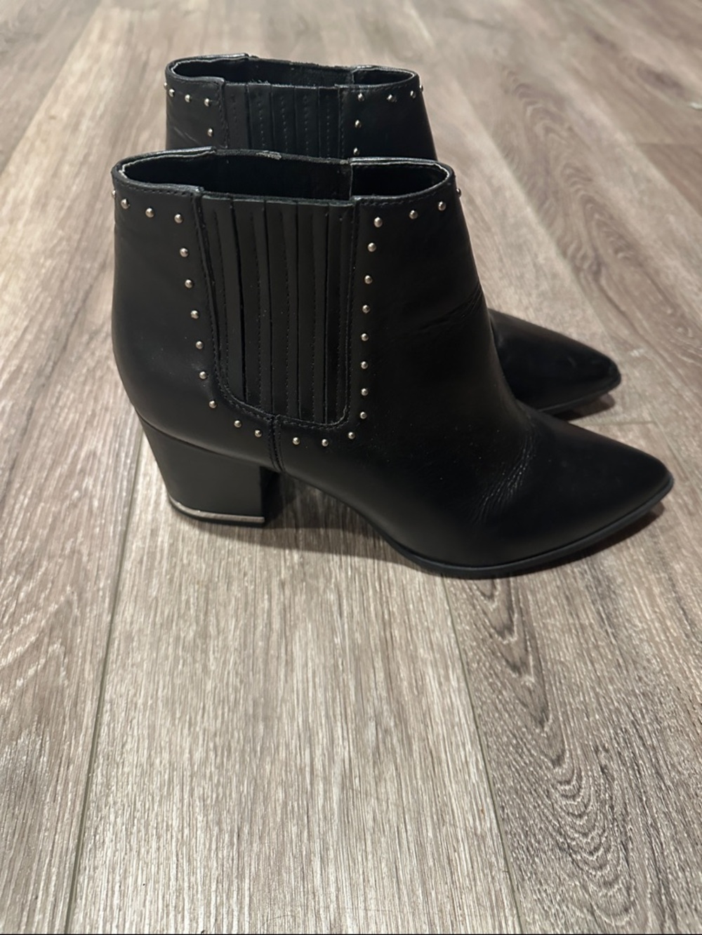 Michael Kors Black Pointed Leather Ankle Booties with Silver Studs